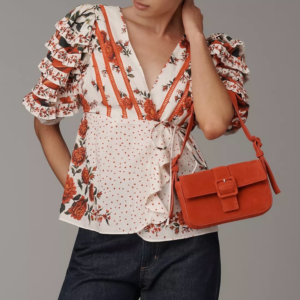 NWT Farm Rio x Anthropologie Vibrant Red Floral Wrap Top Size S Puff Sleeve